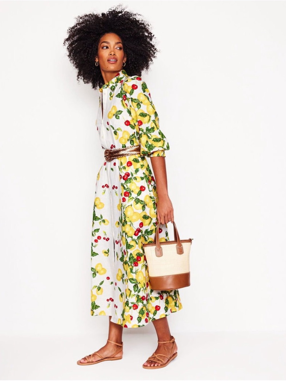 Boden White Midi Shirt Dress with Lemon & Cherry Print